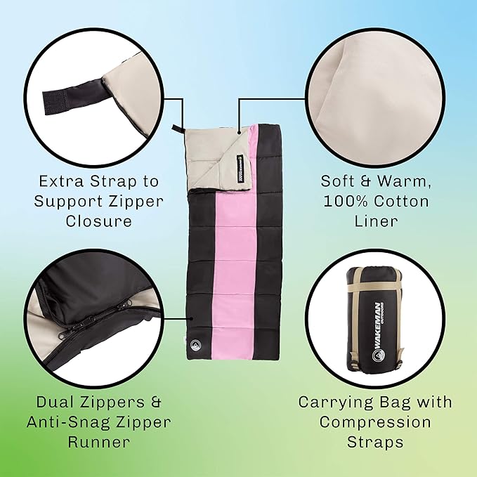 Lightweight Sleeping Bag - Carrying Bag with Compression Straps Included - for Adults, Kids, Camping, Backpacking, and Sleepovers by Wakeman Outdoors
