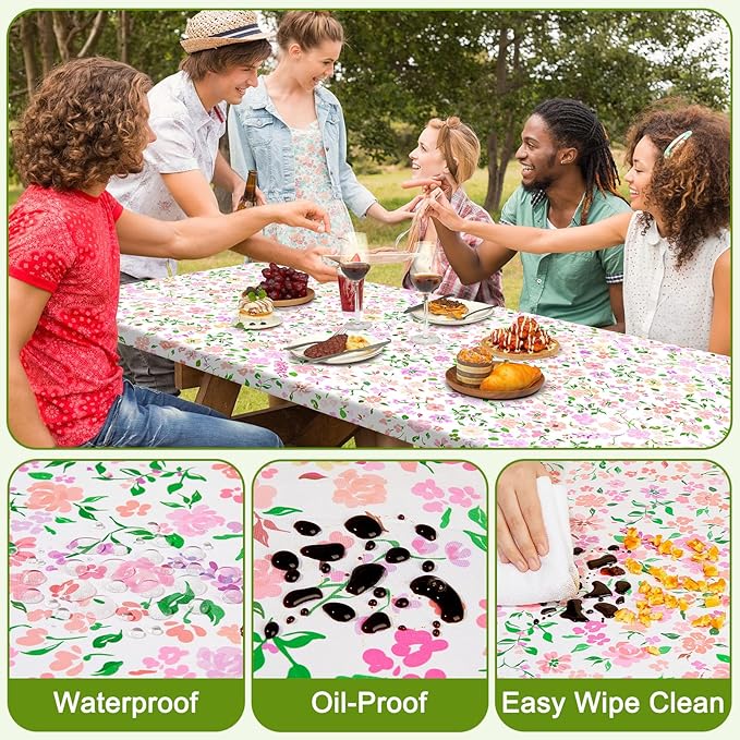 Picnic Table Cover with Bench Covers Portable Table Cloth Built-in Storage Pocket Fitted Tablecloth with Elastic Edges Waterproof Camping Essentials for Indoor Outdoor Rv,72in,Pink