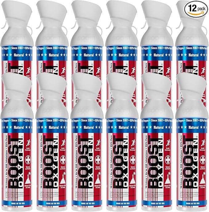 Boost Oxygen Large Natural Stars & Stripes 10L Canister | Respiratory Support for Aerobic Recovery, Altitude, Performance & Health (12 Pack)