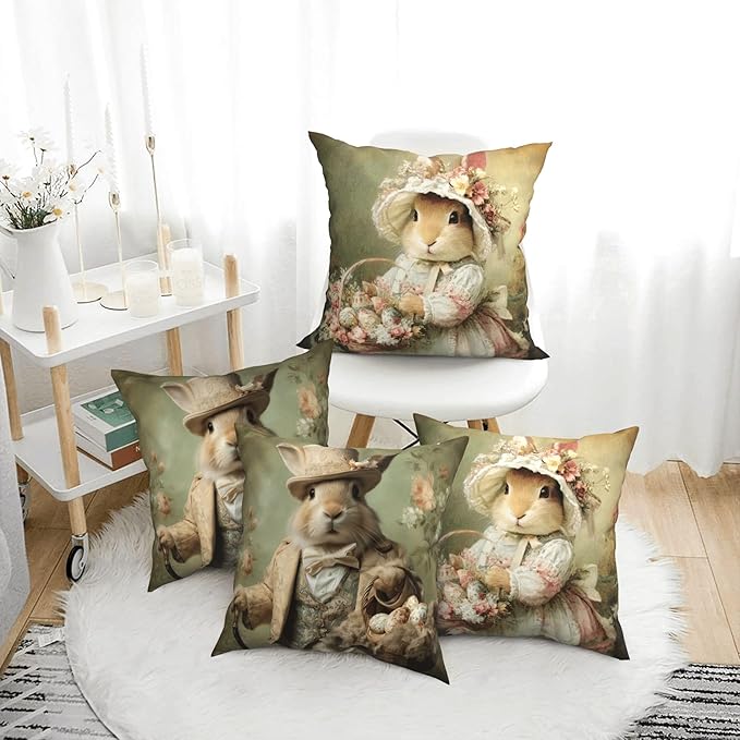 Easter Bunny Throw Pillow Covers 18 X 18 Inch Set of 4 Decorative Cushion Cover Home Decor for Sofa Chair Couch Bedroom Living Room