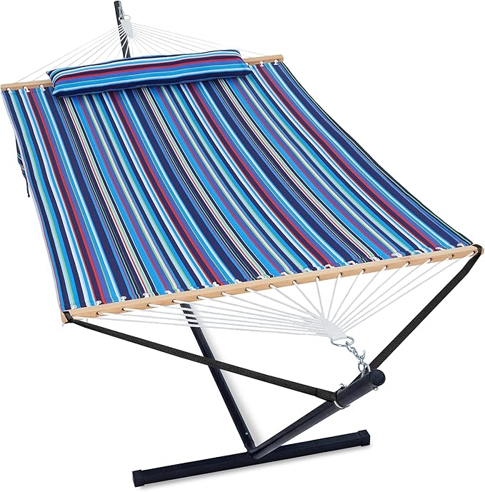 GAFETE 2 Person Hammock with Stand for Outside, Heavy Duty Steel Stand, Double 55inch Hammocks, Large Removable Pillow, Storage Bags, Max 475 lbs Capacity (Blaze Blue Stripe)