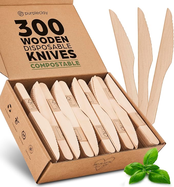 PURPLECLAY Wooden Knives Disposable – 300 Piece Wood Compostable Knives, Eco-Friendly Biodegradable Cutlery Set, Charcuterie Accessories Disposable, Wooden Knife for Parties, Plastic-Free Utensils