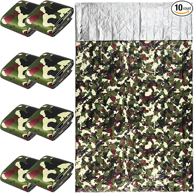 Preboun Camo Emergency Sleeping Bags Camo Blankets Emergency Shelter Survival Gear Portable Lightweight Thermal Bivy Sack Waterproof for Outdoor Camping Hiking Homeless Shelter