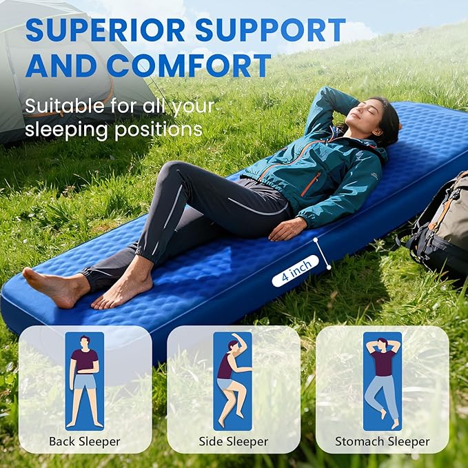 Self Inflating Sleeping Pad with Electric Pump 4 Inch Ultra Thick Memory Foam Sleeping Pad for Camping All Season Single Size Portable Automatic Inflatable Camping Mattress for Travel, Tent (Blue)