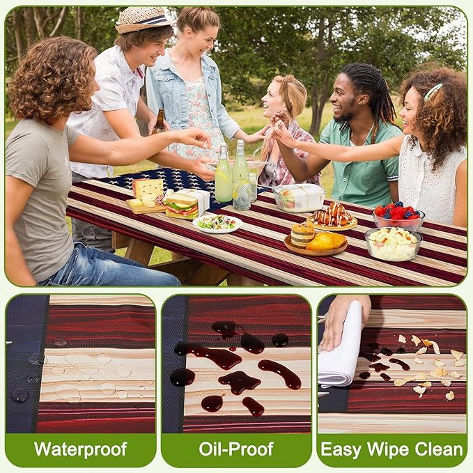 Picnic Table Cover with Bench Covers Portable Table Cloth Built-in Storage Pocket Fitted Tablecloth with Elastic Edges Waterproof Camping Essentials for Indoor Outdoor Rv,72in, American Flag