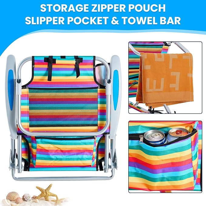 Portable Beach Chair for Adults, Outdoor Camping Chair Lay Flat Folding Backpack Beach Reclining Chair with 5 Positions, Headrest, Cup Holder, Heavy Rainbow Striped