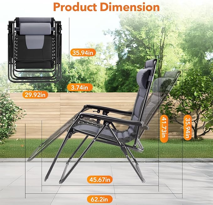 Sweetcrispy Zero Gravity Chairs, Foldable Patio Reclining Chairs with Adjustable Pillow & Cup Holder, Oversized Portable Support 400 lbs, for Backyard Camping(Black-Gray)