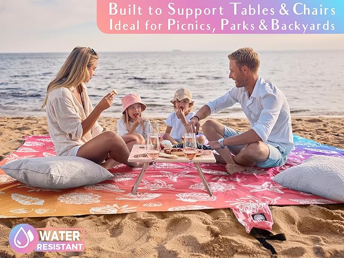 WEKAPO Beach Blanket Waterproof Sandproof Oversized, Extra Large Beach Mat Sand Free, Lightweight & Compact Sand Free Mat with 5 Stakes & 4 Corner Pockets