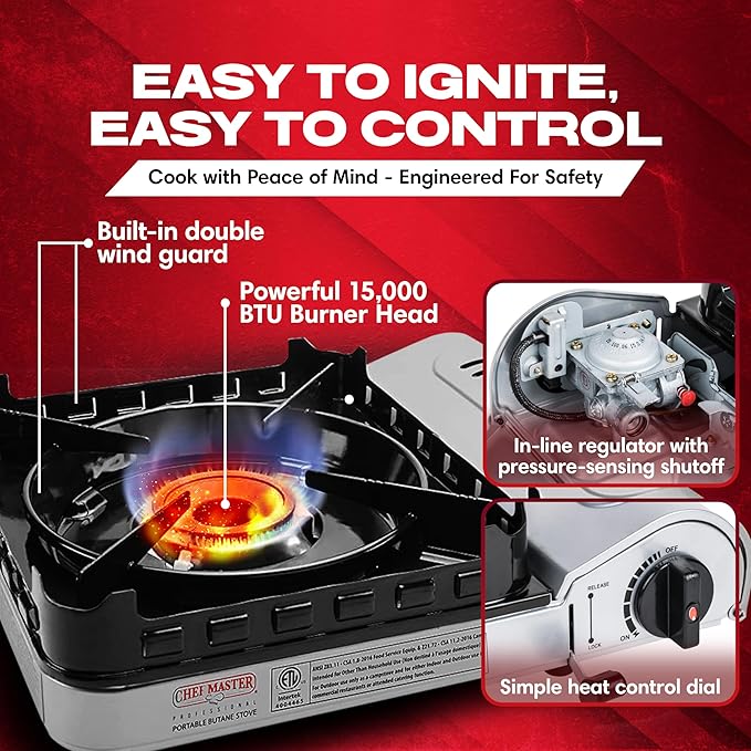 Chef Master 15,000 BTU Butane Portable Camp Stove + 4x 8oz Butane Canisters | Double Wind-Guard Portable Stove Burner w/Piezo Ignition for Emergencies, Tailgating, Hiking & Camping Essentials - 90019