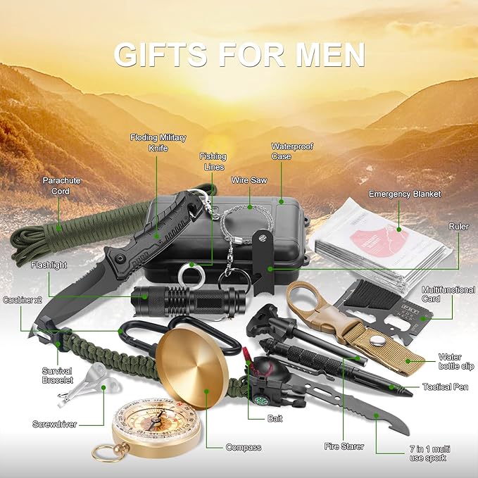 Gifts for Men Christmas Emergency Survival Kit, 22 in 1 Professional Survival Gear Equipment Tools First Aid Supplies for SOS Emergency Tactical Hiking Hunting Disaster Camping Adventure