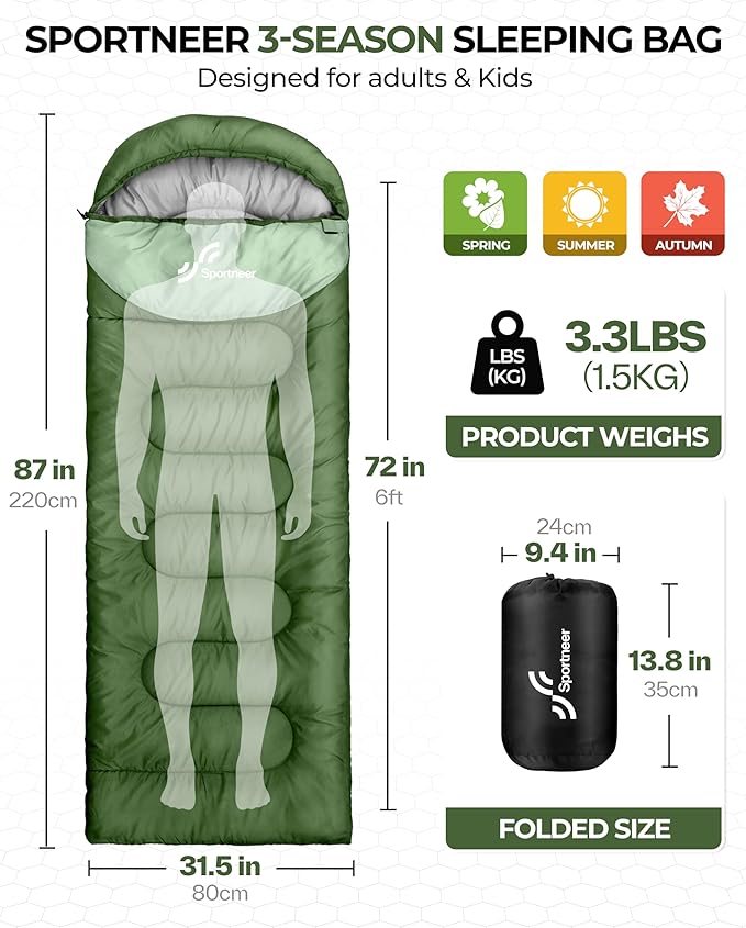 Sportneer Sleeping Bag for Adults & Kids, Cold Weather & Warm Waterproof Camping Sleeping Bag, Compact Portable for Camping Hiking & Travel
