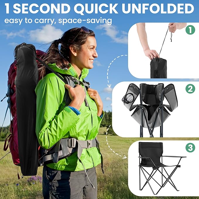 2-Pack Foldable Camping Chairs with Cup Holder, 300LB Lawn Portable Folding Chairs for Adults, Lightweight Outdoor Beach Chairs with Carry Bag for Camp, Fishing, Sports (Black)