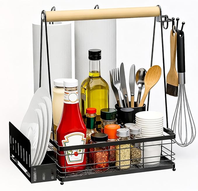 Grill Caddy with Plate Holder and 2Paper Towel Holder, Picnic BBQ Condiment Utensil Organizer Caddy for Outdoor Cooking, RV, Camping Essential, Camper Must Haves, Grilling Gifts for Men