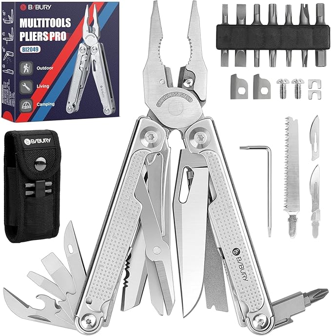 BIBURY Multitool Pliers Pro BI2049, 3Cr13 Multi Tool with Large Saw Blade, YG10 Tungsten Wire Cutters, EDC Multi Tool w/Scissors and Screwdirver Set for Outdoor Hunting Survival Camping, Gift for Men