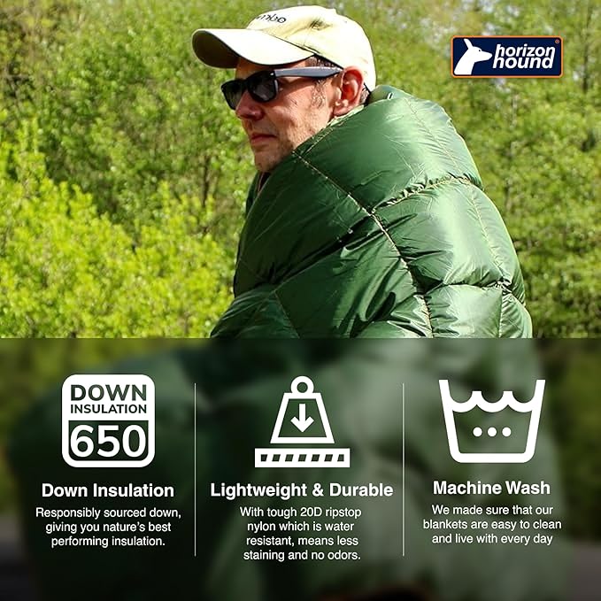 Horizon Hound Puffy Down Camping Blanket - Outdoor Travel Quilt | Sustainable, Insulated, Lightweight & Warm Gear for Sleep, Camping, Stadium, Hiking & Festivals | Water Resistant, Packable & Compact