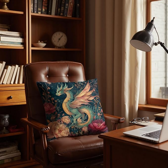 Fantasy Floral Dragon Pillow Cover 18x18, Dragon Nursery Room Decor, Whimsical Magical Fairytale Creature Animal Decorative Throw Pillow Cover for Home Bedroom Living Room Sofa Couch