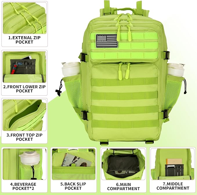 Lovelinks21 45L Tactical Assault Backpack 3 day assault pack with Molle Waterproof backpack Rucksack for Tactical Backpacks (Fluorescent Green)