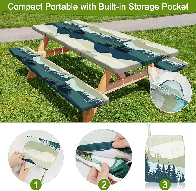 Picnic Table Cover with Bench Covers Portable Table Cloth Built-in Storage Pocket Fitted Tablecloth with Elastic Edges Waterproof Camping Essentials for Indoor Outdoor Rv,96in,Green Blue