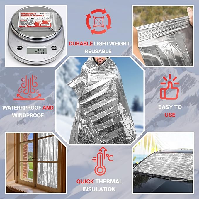 SecuCaptain Survival Emergency Thermal Blankets: Extra Large 84” x63” Space Mylar Blanket Kit for Outdoor Cold Winter Camping Hiking Car Bug Out Bag or First Aid - 10 Pack