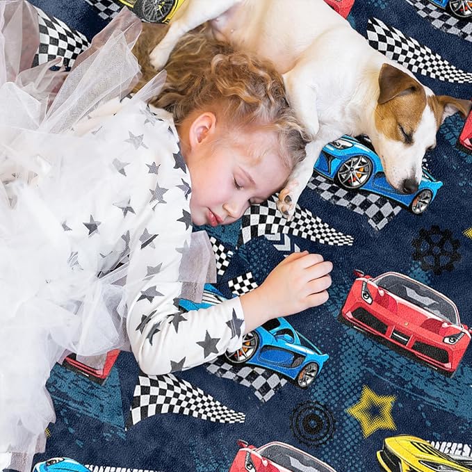Car Blanket, Racing Car Flannel Blanket for Boys, Race Track Themed Room Decoration for Adult, Christmas Thanksgiving Soft Cozy Gifts for Game Lover 50 * 60 Inches