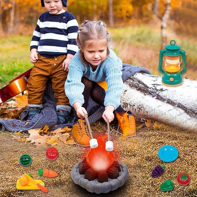 MITCIEN Camping Toys Play Set, Pretend Campfire, Play Food for Kids with Oil Lantern, Pretend Fruits Vegetables Cutting, S'Mores, Indoor Outdoor Toys for Toddler