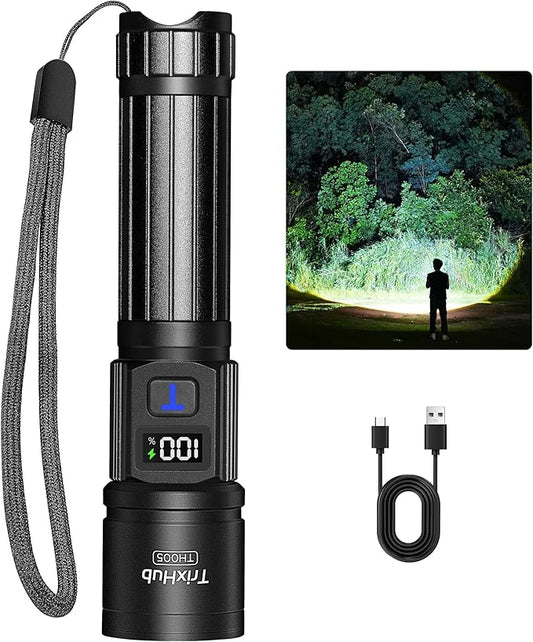TrixHub Rechargeable Flashlights High Lumens, 5Mode Flash Light with LCD Digital Display, Super Bright Flashlight Adjustable Tactical Flashlight, High Powered LED Handheld Flashlight for Home