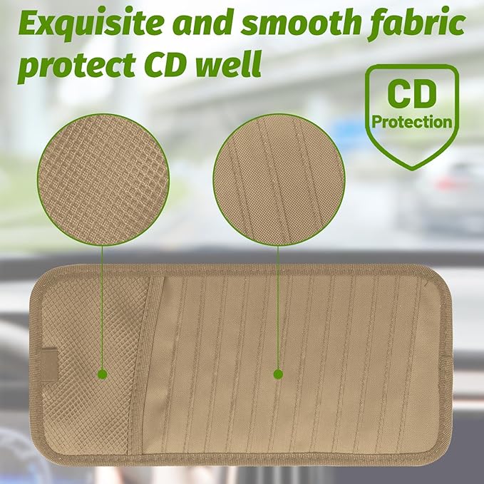 Car CD & DVD Holder - Large Capacity CD Visor Case, Vehicle Visor Storage Organizer with 12 Disc Sleeves, 1 Mesh Pocket 1 Pen Holder and & Elastic Band (Khaki)