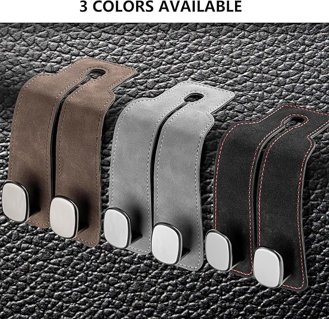 2 Pack Car Hooks for Headrest, Headrest Hooks Car Purse Hook Car Seat Back Storage Hook Premium Leather Car Seat Holder for Headrest Purses and Bags (Black)