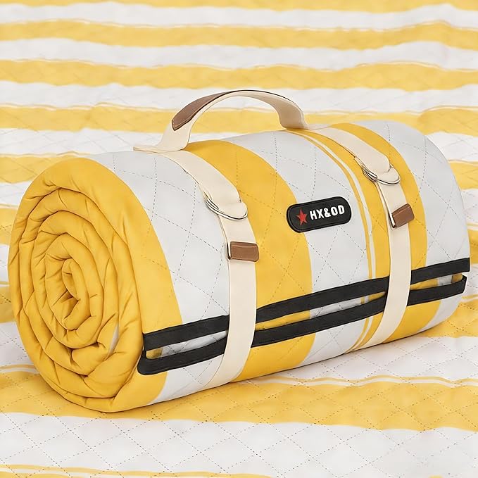 HX&OD Extra Large Picnic Outdoor Blanket, 80”x60” Waterproof Picnic Mat Foldable Camping Blanket Portable with Carry Strap for Beach Mat Outdoor Camping Party(Yellow)