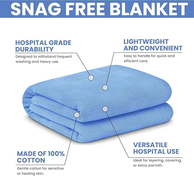 Linteum Textile Supply Blue - Snag Free Hospital Thermal Blanket 66x90 Inch 100% Cotton, Soft and Cozy, Breathable, All Season Twin Hospital Blanket (2-Pack)