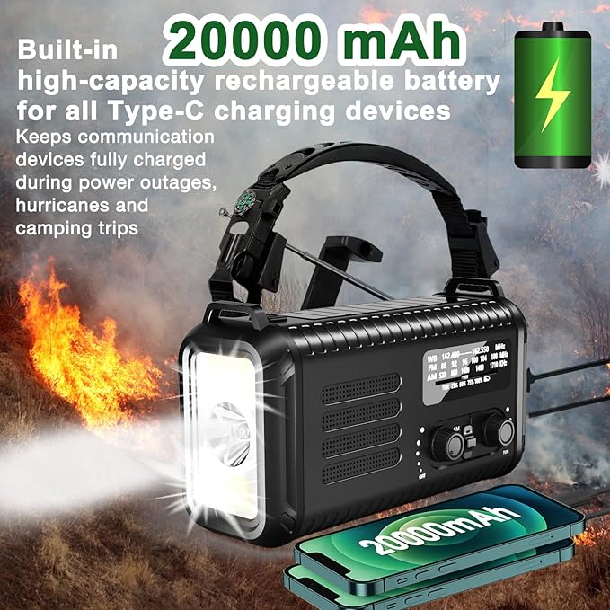 Hand Crank Emergency Radio, NOAA/AM/FM Weather, Solar Powered, 5000MAH Rechargeable Battery with USB Charging (Black)
