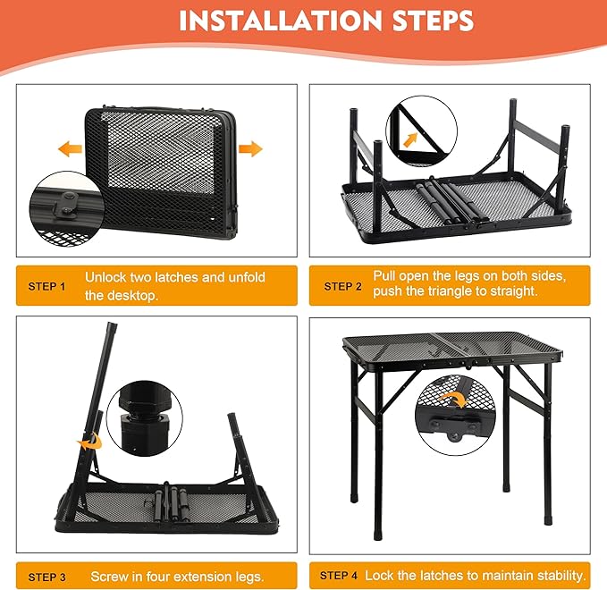 GREGIN Camping Table with Mesh Desktop, Lightweight & Portable Small Folding Grill Table, Height Adjustable Metal Outdoor Table for Camp, Cooking, BBQ, RV, Picnic-2 FT Black
