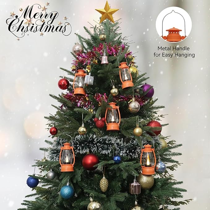 6Pcs Orange Mini Lanterns for Western Cowboy Party & Camping Decor, Small Western Lantern with LED Flickering Candle for Fall Halloween Christmas Wedding Festive Decorations, Centerpiece Table
