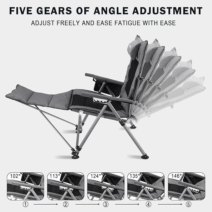 Folding Camping Chair for adults-3-in-1 Heavy Duty Foldable Camp Chair with Detachable Footstool, Padded Pillow, Cup Holder & Carry Bag,5-Speed Adjustable,400 LBS Capacity