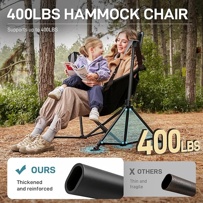 EVER ADVANCED Padded Oversized Hammock Camping Chair, Compact Heavy Duty Swing Chair with Multi-Storage Pockets, Portable Folding Rocking Camping Chair, Support Up to 400lbs, Black