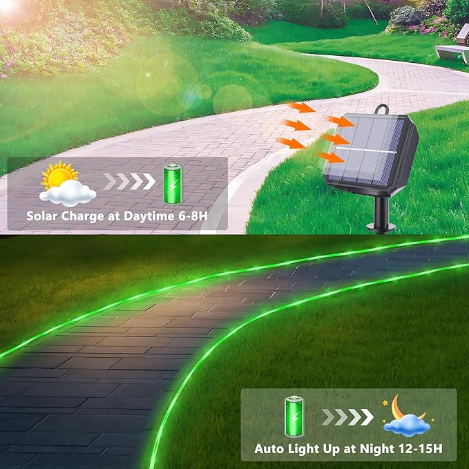 Solar Rope Lights, 2 Packs Total 132ft 400LEDSolar String Lights, 8 Modes Waterproof Solar Powered Outdoor Light, Flexible Clear Tube Light for Garden Backyard Patio Deck Porch Tree Xmas Decor - Green