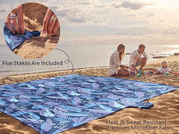 WEKAPO Beach Blanket Waterproof Sandproof Oversized, Extra Large Beach Mat Sand Free, Lightweight & Compact Sand Free Mat with 5 Stakes & 4 Corner Pockets