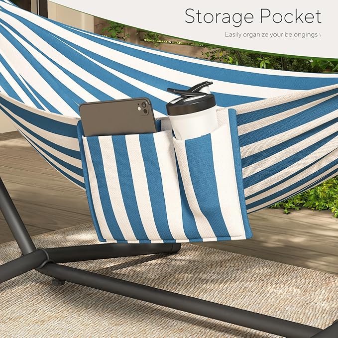 600lbs Hammock with Stand for Outside, 2 Person Portable Hammock with Side Storage, Carrying Bag, Expend Wooden Bar for Outdoor or Indoor (Blue White)