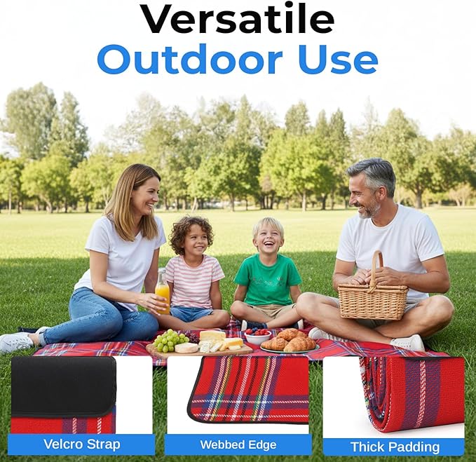 scuddles Extra Large Picnic Blanket – 59" x 53" Waterproof & Sandproof Outdoor Mat with Soft 3-Layer Comfort, Foldable Design & Carry Strap for Beach, Camping, Travel, Parks & Family Picnics