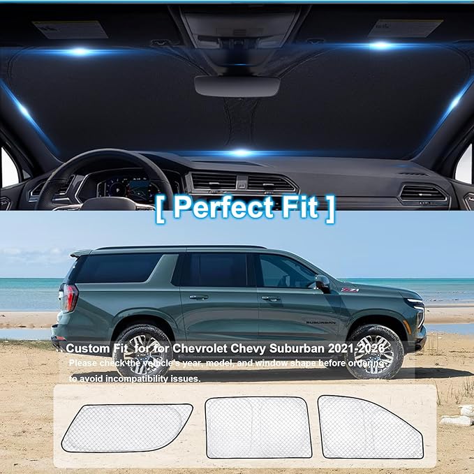 KMF 8pcs Thicken Sun Shades for Chevrolet Chevy Suburban 2021-2026 Accessories, Car Full Window Covers Sunshade for Windshield Side Rear, UV Block and Blackout Privacy for Camping Outdoor