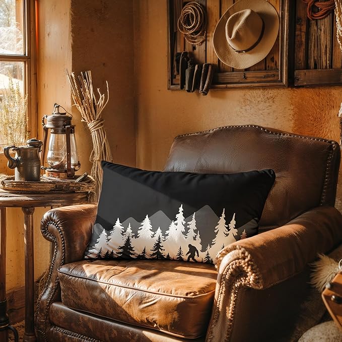 Bigfoot Sasquatch Forest Camping Throw Pillow Cover 20x12, Camping Themed Pillowcase for RV Campsite Sofa Decor, Fun Gift for Campers,150-BZ