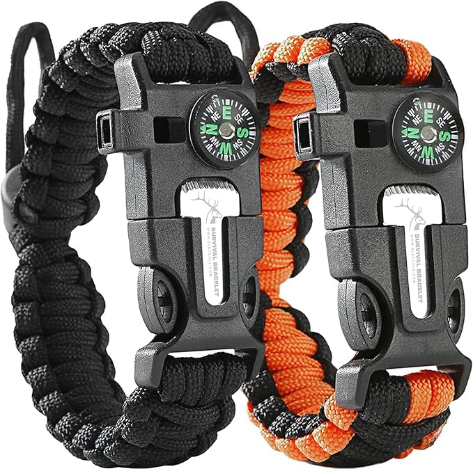 ELK Paracord Survival Bracelets - 2 Pack, Adjustable Size, Loud Whistle, Fire Starter - Ideal for Outdoor Enthusiasts, Hiking, Camping, Fishing, and Hunting (Black and Black+Orange)