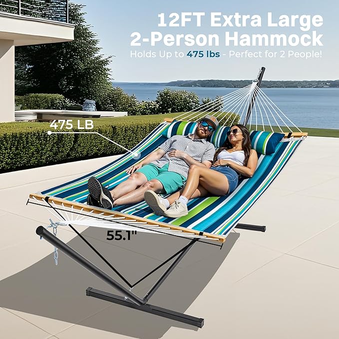SUPERJARE Hammock with Stand, 2 Person Quilted Outdoor Hammock, Detachable Pillow & Bamboo Spreaders, Portable Hammock with Carrying Bag, Heavy Duty Stand, Perfect for Outside, Patio, Dark Cyan