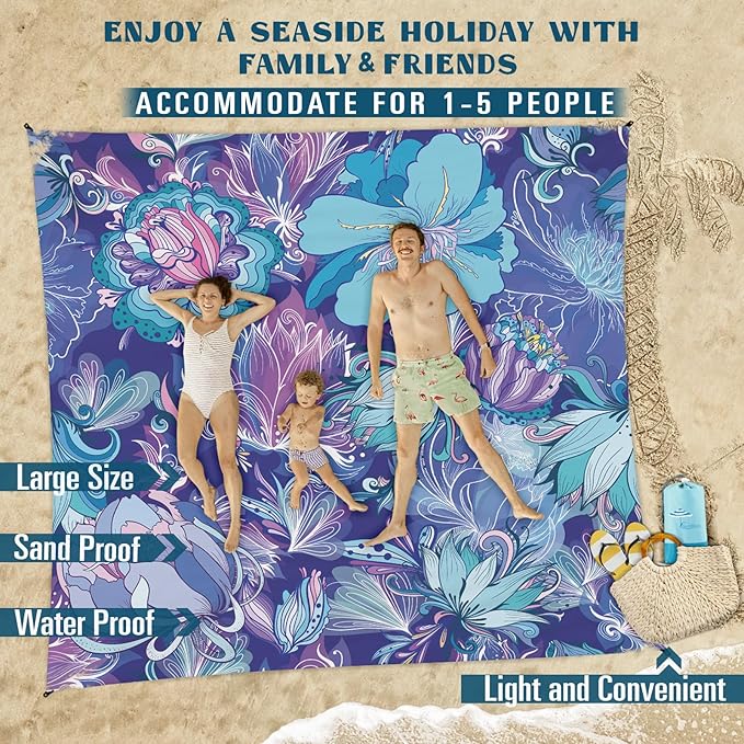 Famstar Beach Blanket Sandproof Waterproof 78''×81''1-5Adults Oversized,Compact Lightweight Durable Beach Mat for Travel Camping Hiking Picnic Blanket