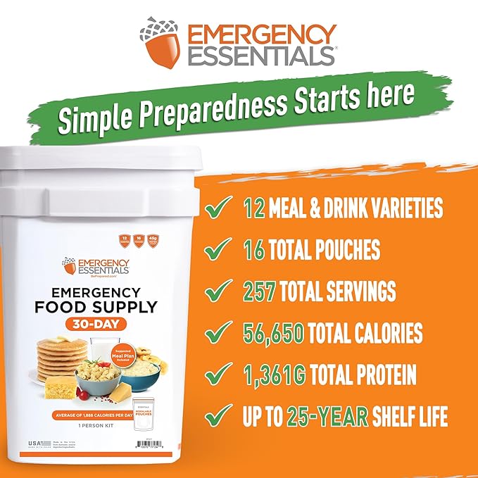 Emergency Essentials 1-Month Emergency Food Supply Bucket, 257 Servings, 56,650 Calories | Long-Term Survival Food Kit for Disaster Preparedness, Camping, and Power Outages