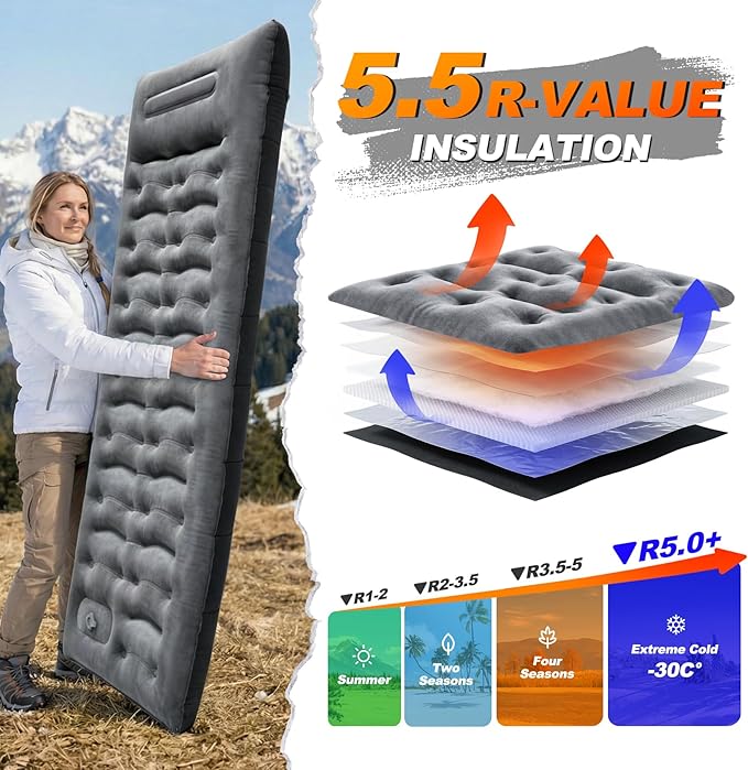 KASBAH Camping Sleeping Pad, 5.5 R-Value Thick 6 inch Camping Mat with Pillow Built-in Foot Pump Inflatable Sleeping Pads Compact for Camping Backpacking Hiking Traveling