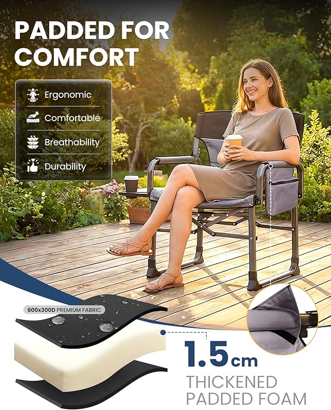 KingCamp XXL Heavy Duty Camping Directors Chair 550lbs Capacity, Extra Wide Oversized Camp Chairs with Side Table & Cooler Bag, Compact Padded Folding Chair for Big and Tall Outdoor Sports Picnic Lawn
