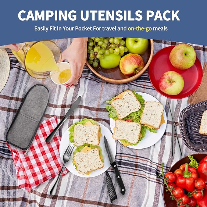 Logcow Travel Utensils with Case,Reusable Utensils,Portable Travel Camping Cutlery Set,Stainless Steel Flatware Set,Lunch Boxes Workplace Camping School Picnic (Black)