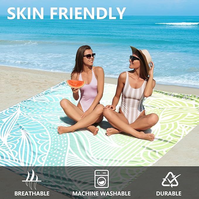 HIHOHO Beach Blanket Waterproof Sandproof Beach Mat for 1-8 Adults Quick Drying Durable Outdoor Picnic Mat for Beach Festival Travel Camping Hiking (Gradiant BL&GN-Ripple, 79"×108"(6 Person))