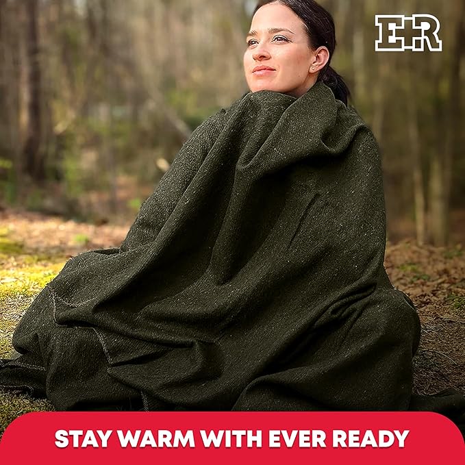Ever Ready First Aid Military Wool Blanket - 95% Wool, Washable, Perfect for Outdoors, Picnics, Travel, Car & Bushcraft Emergency Blanket, 96" x 96" 6.65 lbs. - Olive Drab Green - Queen Size
